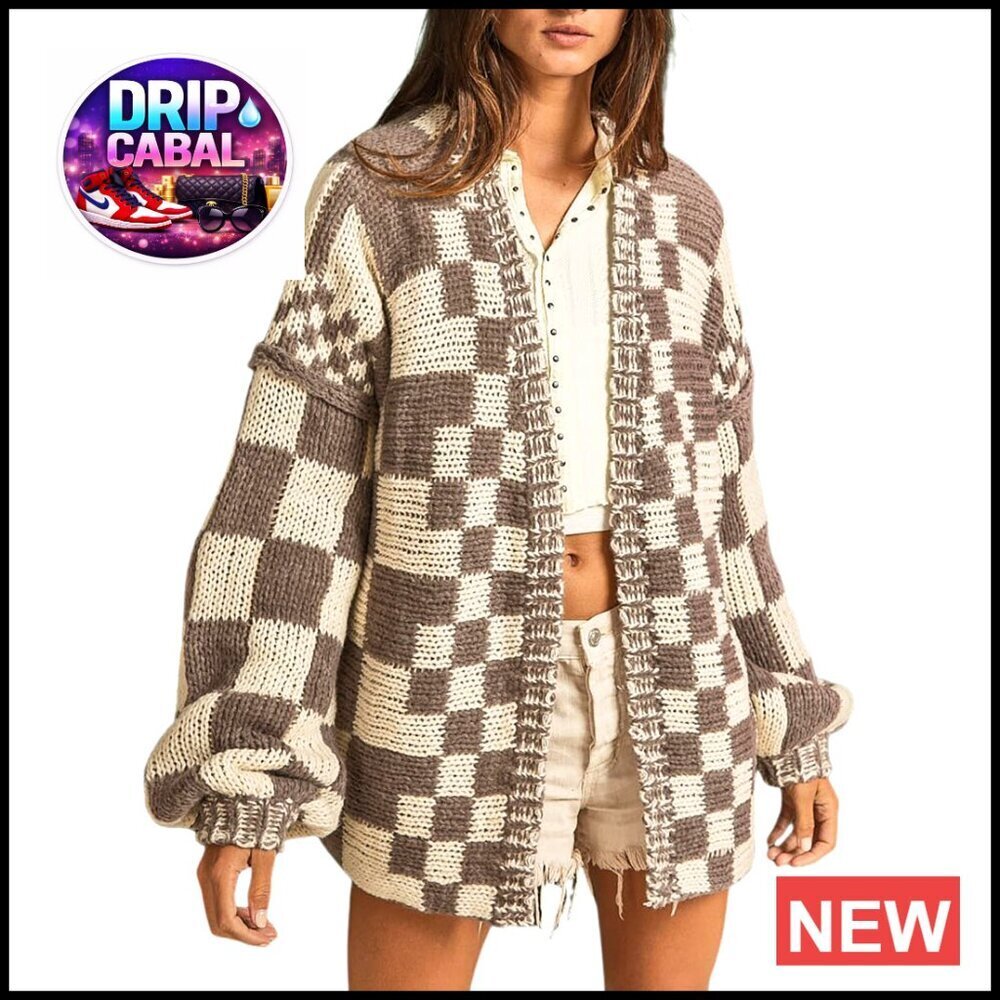 Vintage Checkered Cardigan Chunky Knit Oversized Boyfriend Style Open Front